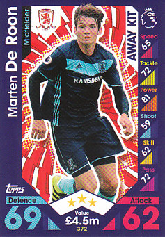 Marten de Roon Middlesbrough 2016/17 Topps Match Attax Away Kit #372